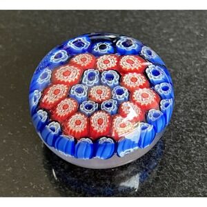 Vintage Murano Millifiori Glass Paperweight 2 1/2" x 1.75" Red White and Blue